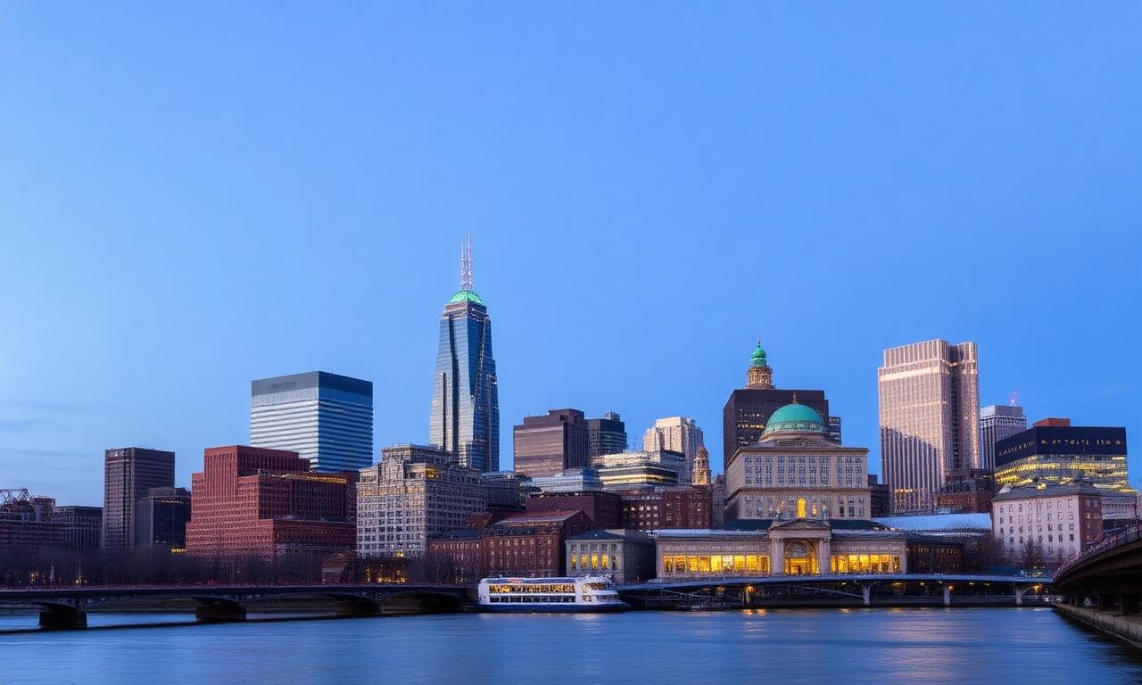 Boston skyline at dusk over the Charles River