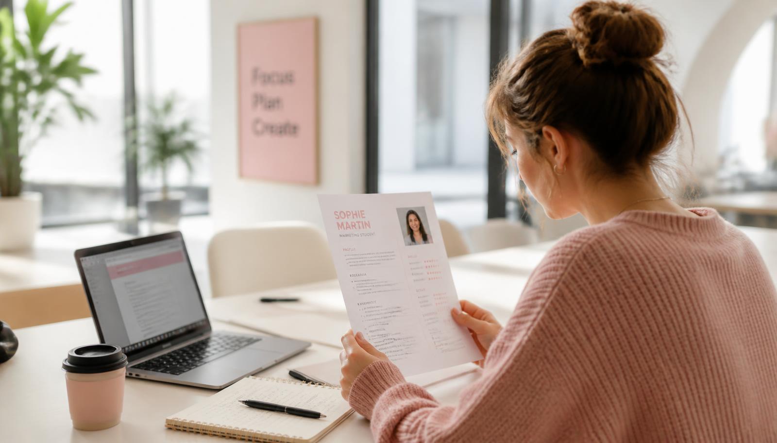Studenti che rivedono un CV stampato di una pagina con foto tessera, laptop e quaderno sul tavolo
