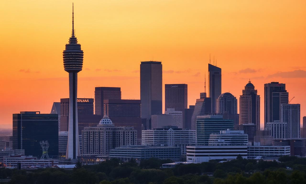 Dallas Texas skyline at sunset with Reunion Tower
