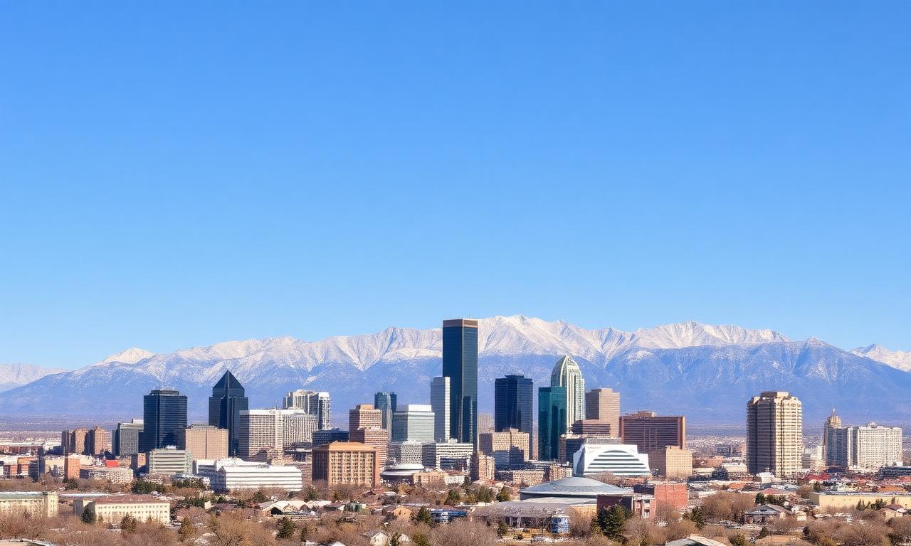 Denver Colorado skyline with the Rocky Mountains