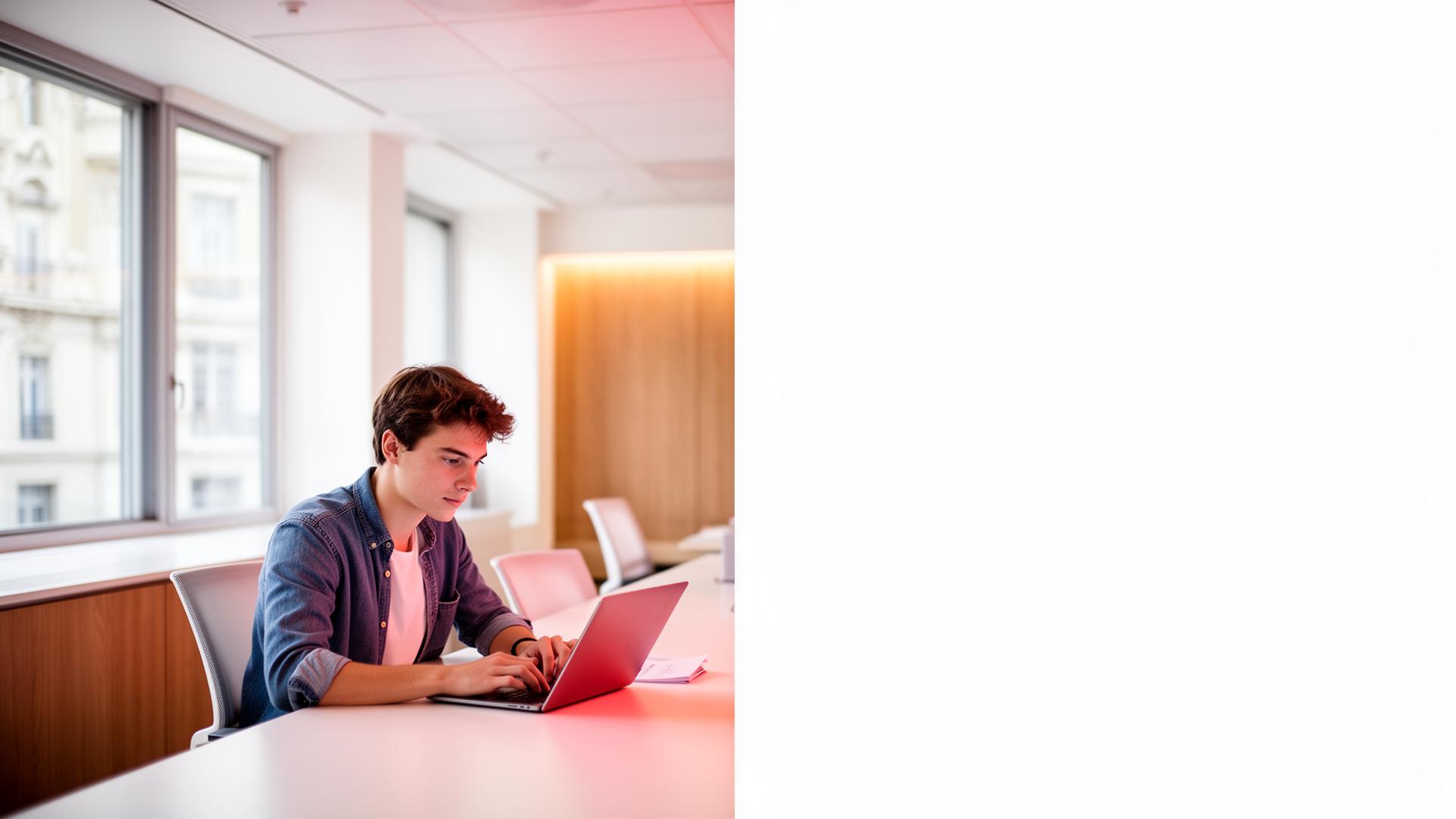 Stagiaire universitaire travaillant sur un ordinateur portable dans un bureau européen moderne et lumineux.
