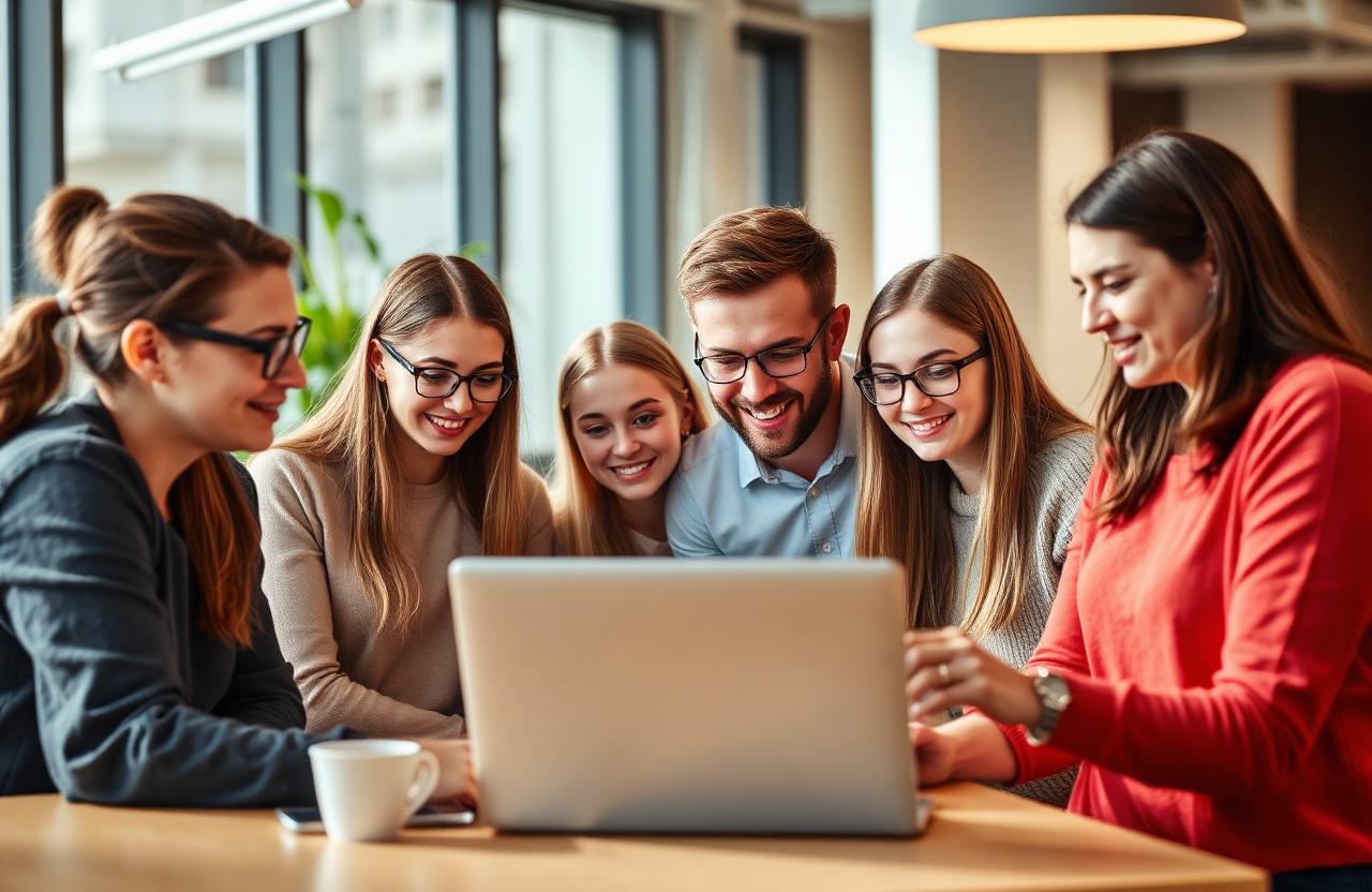 Coordinateur Erasmus+ examinant un plan de mobilité de groupe KA121 avec des apprenants VET et un professeur dans un espace de coworking européen lumineux.