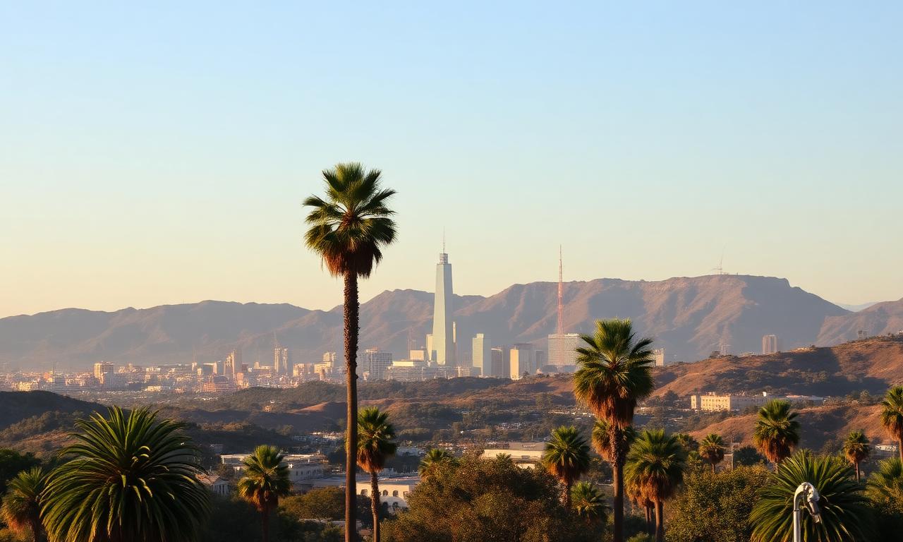 Los Angeles skyline with palm trees and the Hollywood hills