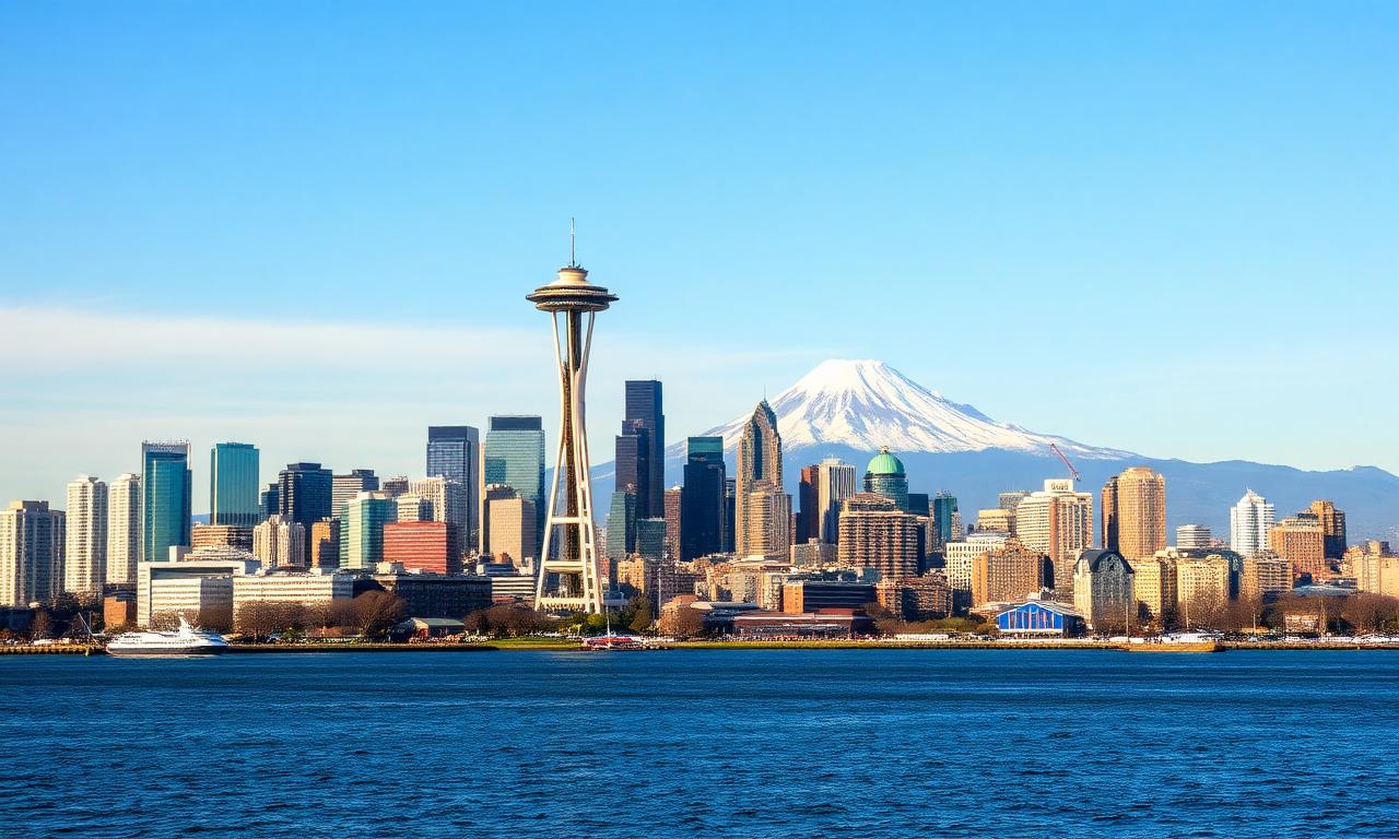 Seattle skyline with the Space Needle and Mount Rainier