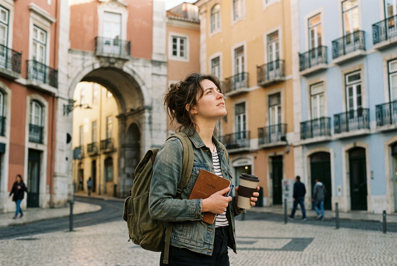 American university student in a European city plaza on her internship abroad