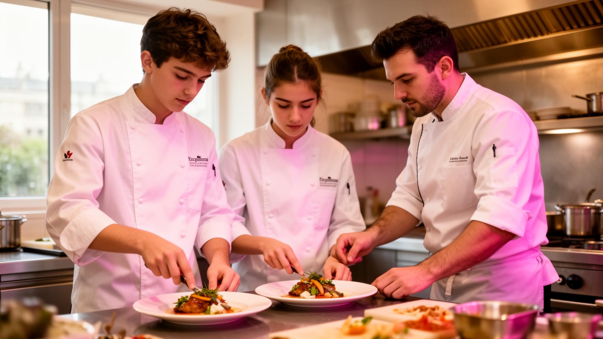 Étudiants VET en hôtellerie dressant une assiette dans une cuisine d'hôtel européenne aux côtés de leur tuteur en entreprise