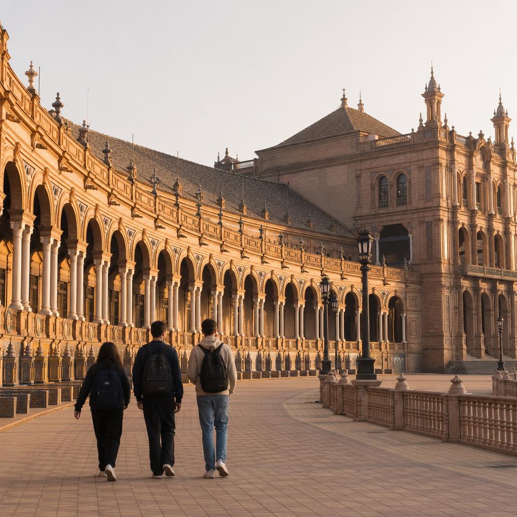 Students at Plaza de España in Seville at golden hour