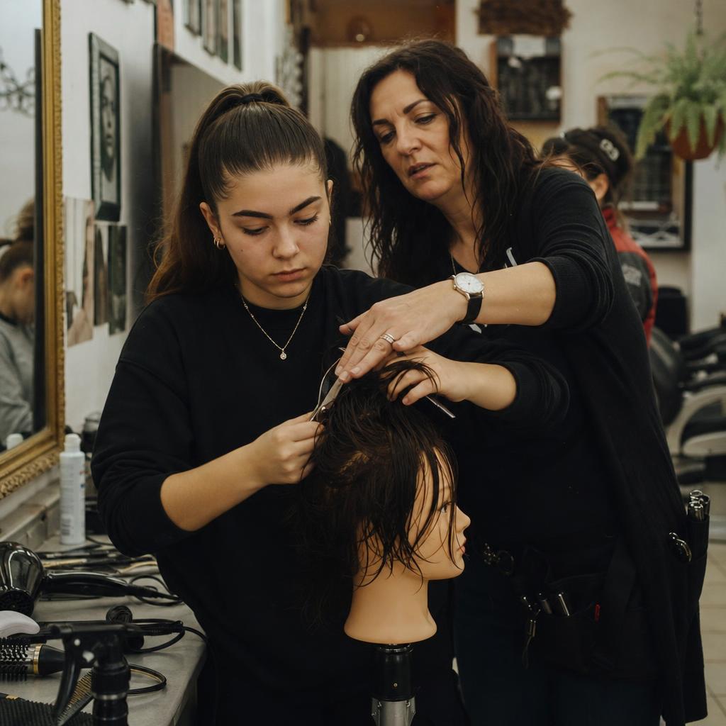 Hairdressing apprentice training with a mentor in a Seville salon