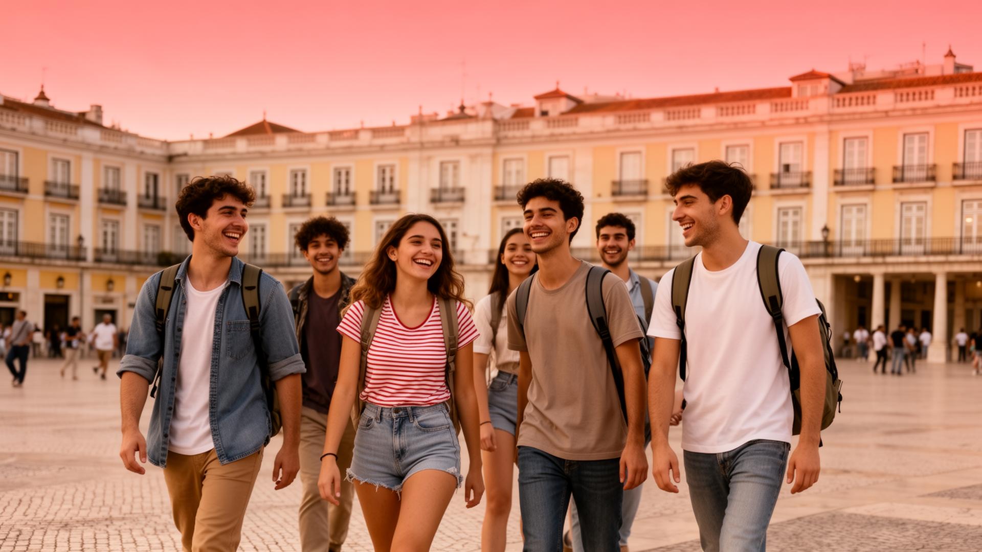 Groupe d'apprenants VET marchant sur une place ibérique ensoleillée pendant leur mobilité Erasmus+