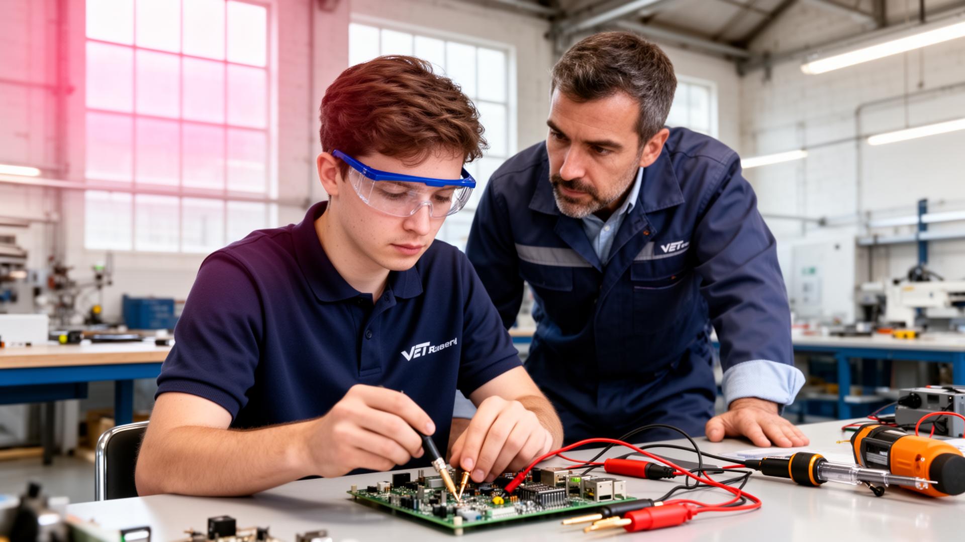Apprenant VET en électronique soudant une carte sous la supervision d'un tuteur en entreprise nommé dans un atelier européen